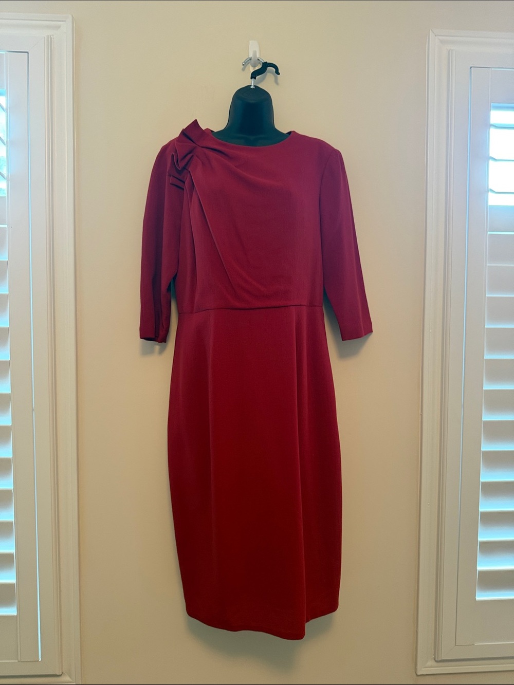 Carolina Herrera Deep Red Midi Dress with Shoulder Ruffle